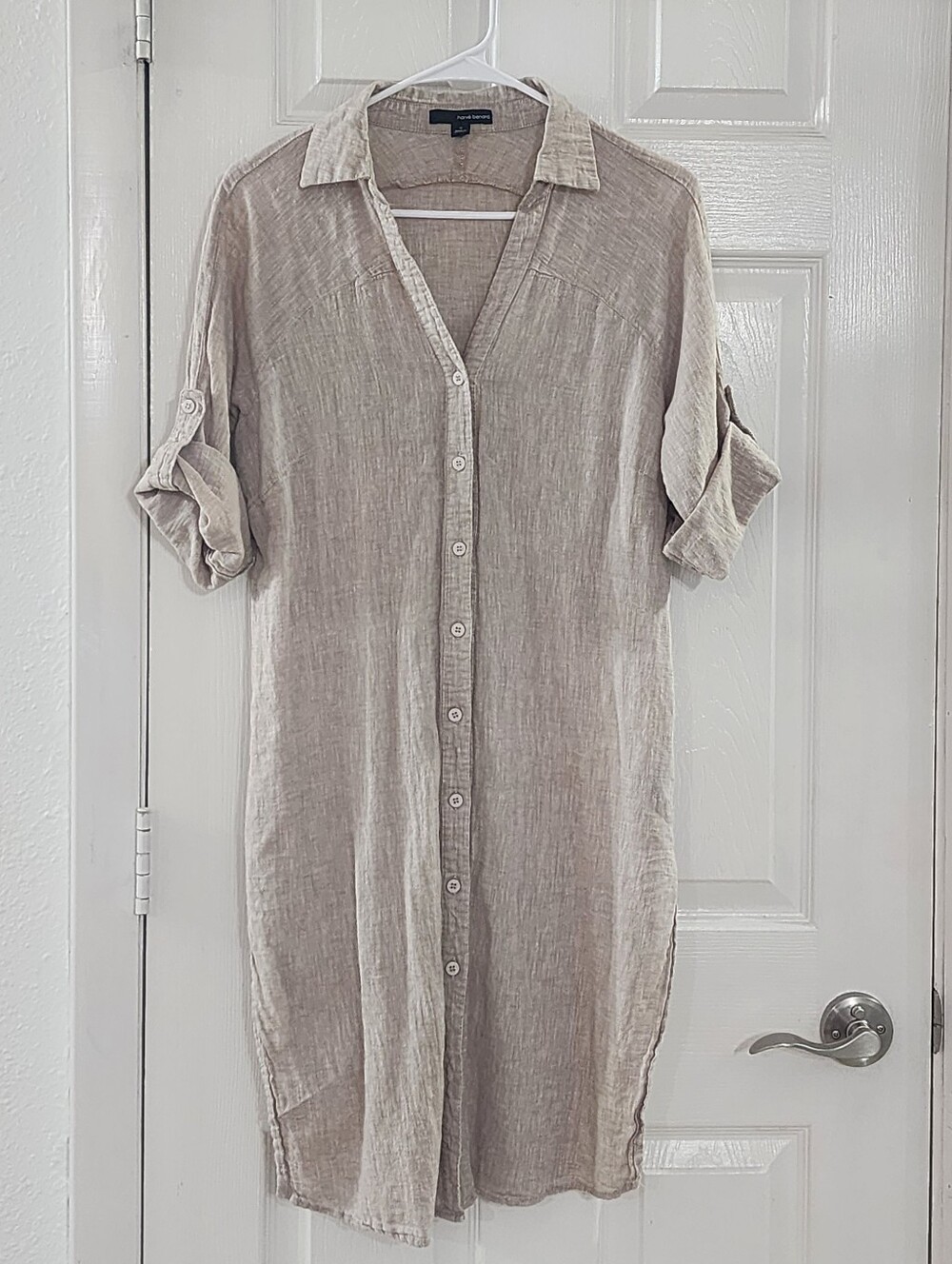 Harvé Benard Linen Blend Shirtdress Medium Beige Neutral Roll Tab Sleeve Midi